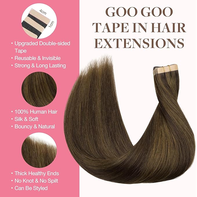 GOO GOO Tape in Hair Extensions Human Hair, 2C/4E/6C Brown Sugar Swirl Highlights, 22inch 50g 20pcs, Skin Weft Seamless Invisible, Silky Straight with Thick Ends, Remy Human Hair