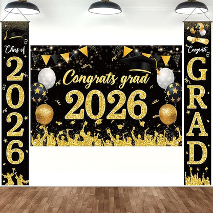 Sophena Graduation Decorations Class of 2026 Grad Banner Backdrop Black and Gold by Sophena