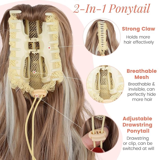 Claw Clip Ponytail Extension 18" for Women Wavy Pony Tail Clip in Hair Extensions Fluffy Natural Looking Synthetic Hairpiece for Daily Use (Honey Gold Mixed Light Blonde)
