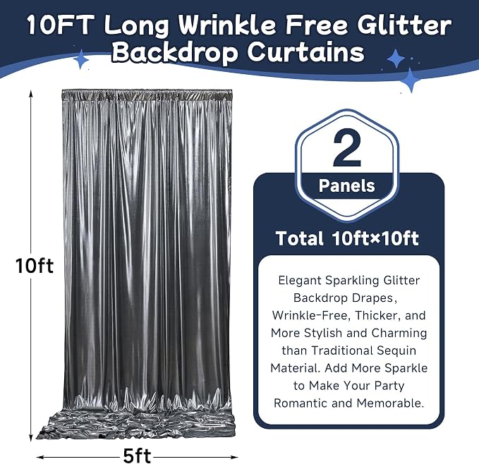 10ftx10ft Black Silver Glitter Sequin Backdrop Curtain - Image 5