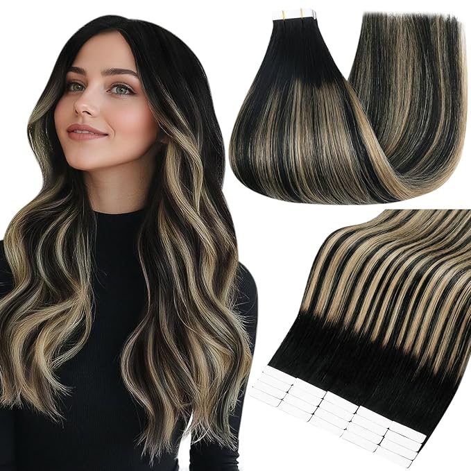 Full Shine Human Hair Tape in Extensions 14 Inch Color 1B/27/1B Black With Blonde Straight Seamless Remy Tape Ins Human Hair Extensions Balayage 20PCS Extensions for Women Real Hair 50g for Party