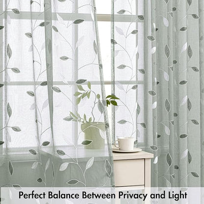 MIULEE Sage Sheer Curtains 2 Panels Embroidered Leaf Patterned, W52 x L96 | - Image 5