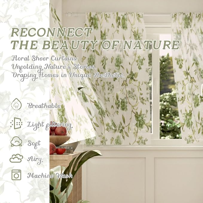 Sage Sheer Curtains 54 Inch Length 2 Panels Set Sheer, Leaf Patterned Linen - Image 2