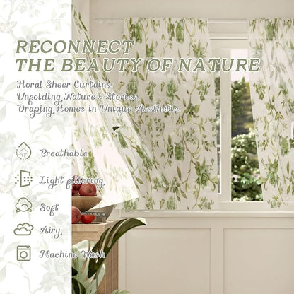 Sage Sheer Curtains 54 Inch Length 2 Panels Set Sheer, Leaf Patterned Linen - Image 2
