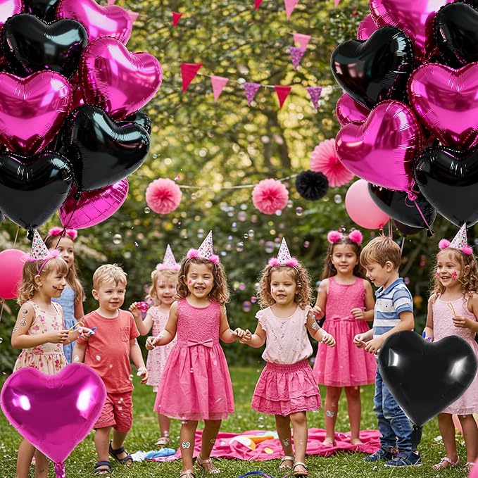 TONIFUL 30Pcs Black Hot Pink Heart Balloons 18Inch Heart Shape Foil Balloon | - Image 6