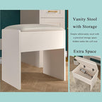 Vanity Desk with Mirror and Lights, 37 inch Vanity Set with Storage Chair & Power Outlet, White Makeup Vanity with 3 Drawers & Large Cabinet, 3 Colors Lighting Adjustable Brightness, Hair Dryer Rack