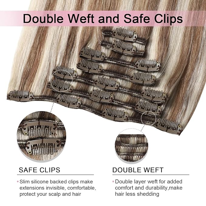 Pro2.0 Remy Real Human Hair Extensions Clip ins 120g Thick 7pcs Color #8p60 Brown Highlights Platinum Blonde Remy Clip in Hair Extensions Real Human Hair 16inch Double Weft（#8p60-16inch）