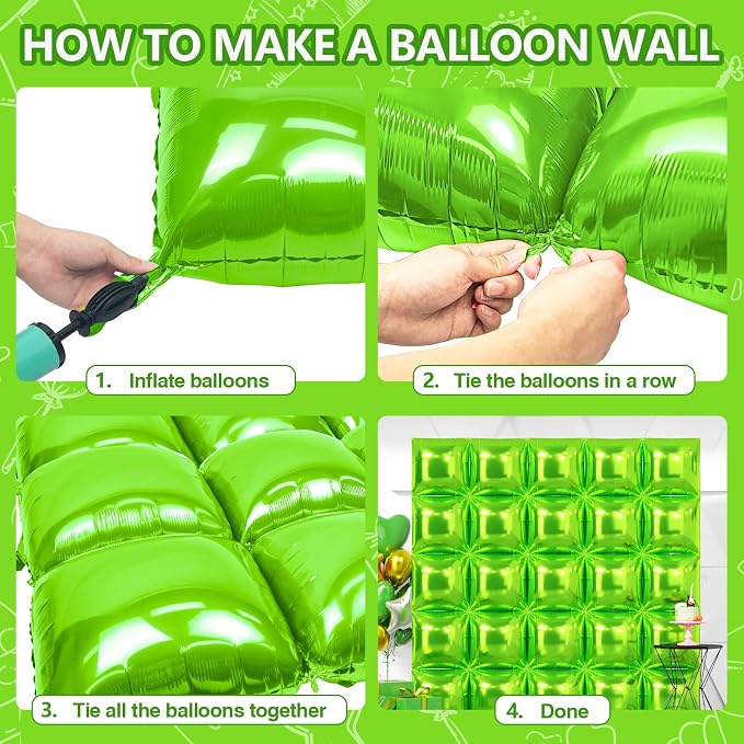 NISOCY 25PCS Metallic Neon Light Green Square Foil Balloons Wall Backdrop | - Image 4