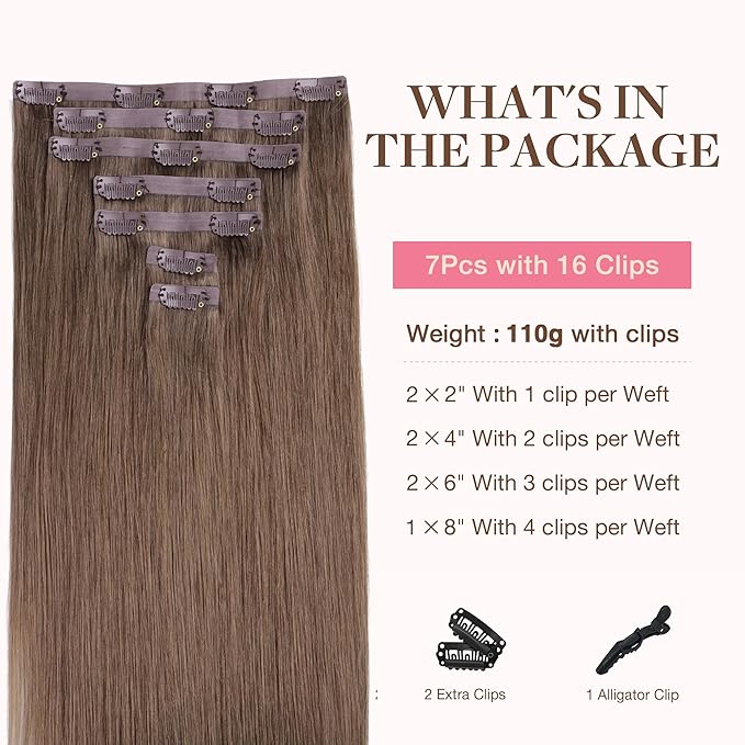 GOO GOO Clip in Hair Extensions Real Human Hair, Remy Human Hair Extensions Clip ins for Women, Natural Human Hair, 16inch 110g 7Pcs, 5 Light Ash Brown