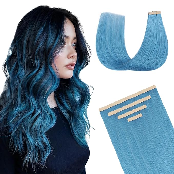DOORES Hair Extensions Tape in Human Hair, Turquoise Tape in Hair Extensions, Real Human Hair Extensions Natural Remy Hair Straight, 25g 10pcs 16 Inch