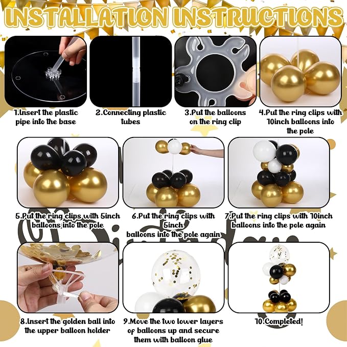 Gejoy 8 Sets Black and Gold Balloon Column Table Centerpiece Reusable Table - Image 3