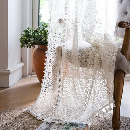 WAZZIO Boho Lace Curtains 63 Inches 2 Panel, Light Filtering Privacy Tassel & by WAZZIO