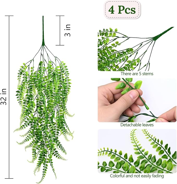 4Pcs Fake Ferns Fake Hanging Plants Artificial Ferns Vine Greenery | UV - Image 4