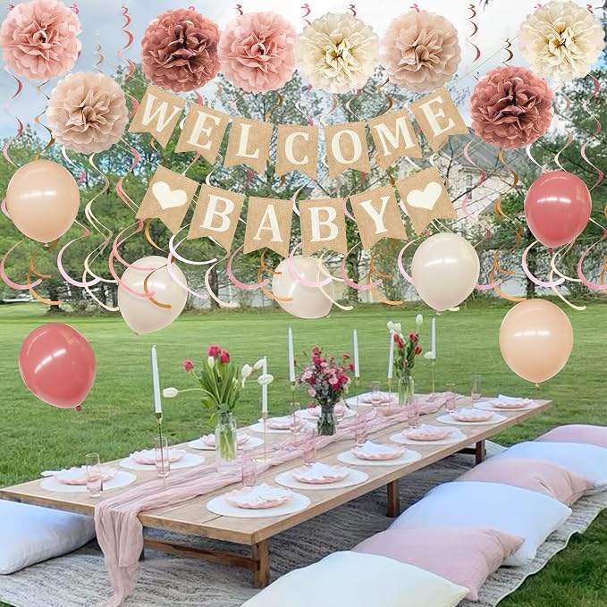 Baby Shower Party Decorations Kit Welcome Baby Heart Burlap Banner - Image 6