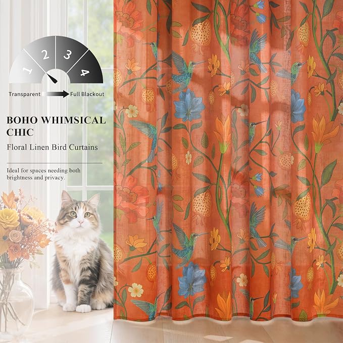 Terracotta Floral Linen Curtains, Boho Whimsical Bird Print Curtains - Image 3
