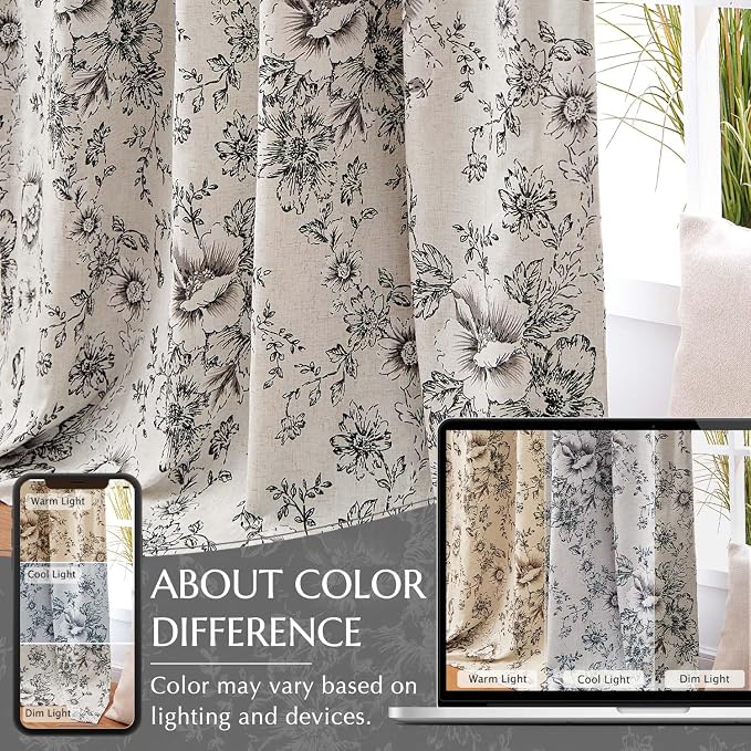 jinchan Black Floral Linen Blackout Curtains 96 Inch Back Tab 2 Panels | - Image 6