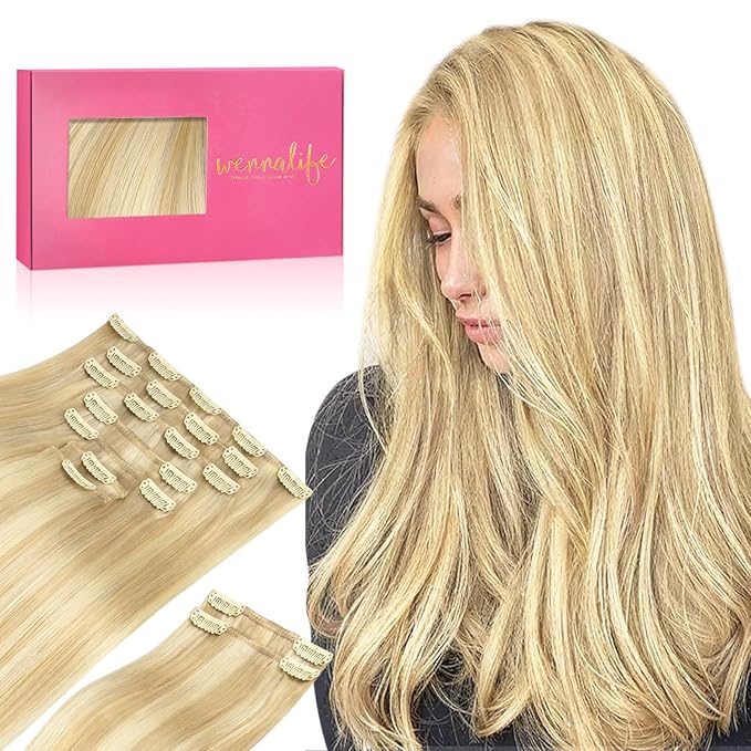 WENNALIFE Clip in Hair Extensions, 150g 16 Inch 9pcs Light Blonde Highlighted Golden Blonde Remy Hair Thicker Double Weft Extensiones De Cabello Humano Con Clip Ins Straight Full Volume