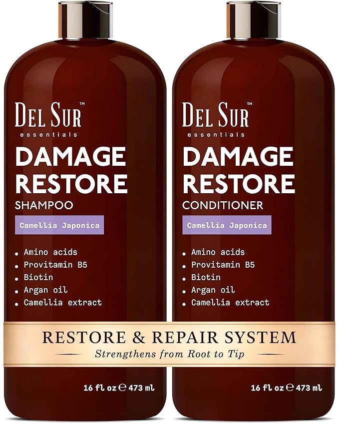DEL SUR Hair Repair Shampoo and Conditioner Set | 16 fl oz Each | with Camellia Japonica, Amino Acids, Biotin & Argan Oil | Moisturizing Strength & Damage Repair for Dry, Damaged Hair