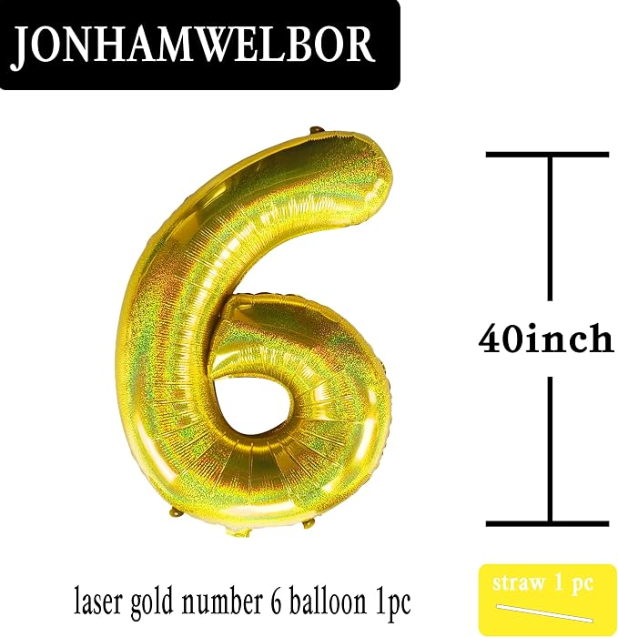 Jonhamwelbor 40 Inch Laser Gold Number 6 Balloon Foil Mylar Giant Balloon - Image 2
