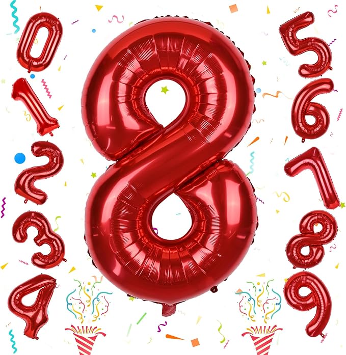 40 Inch Red 8 Balloons Number, Big Self Inflating Foil Girls 8th Birthday by Isndare