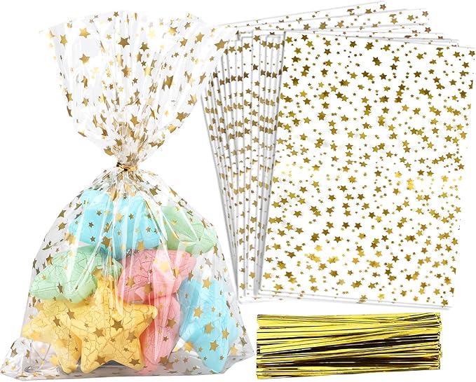 100 Pcs Star Printed 5"X 7" Gift Wrap Cello Cellophane Treat Bags Party Favor by COQOFA