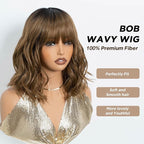 NOBLE Bob Wig with Bangs Short Wavy Wig for Women Ombre Light Brown Shoulder Length Wig Heat Resistant Synthetic Wigs for Daily Party Use 12 Inches