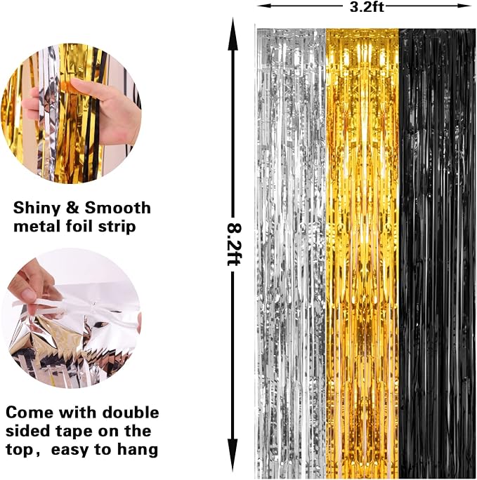 PIGETALE, 2 Pack 3.2x8.2 Feet Silver Black and Gold Tinsel Foil Fringe Curtains - Image 3