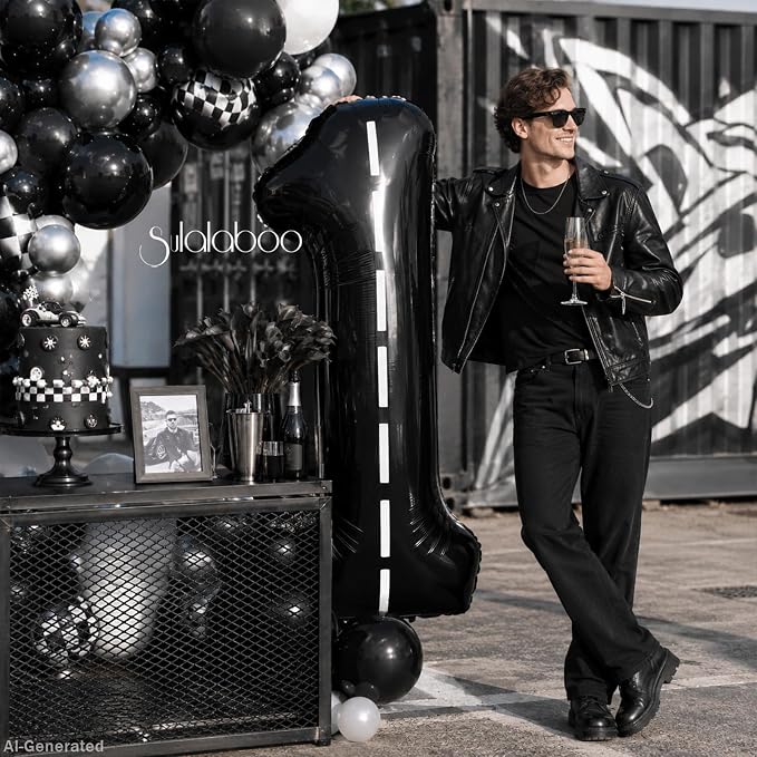 Race Car 40 Inch Black 1 Big Balloon Large Number 0-9 | Track Giant Digital 1st - Image 3