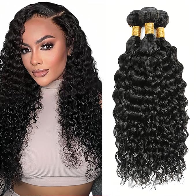28 30 32 Natural Black Water Wave Bundles Human Hair Color 1B Bundles Niegmeag Peruvian Virgin Soft and Silky Remy Hair Extensions Double Weft Color 1B Wet and Wavy Bundle
