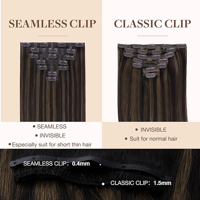 GOO GOO Clip in Hair Extensions Real Human Hair, Remy Human Hair Extensions Clip ins for Women, Natural Human Hair, 18inch 110g 7 Pcs, #2/6 Dark Brown Highlighted Chestnut Brown