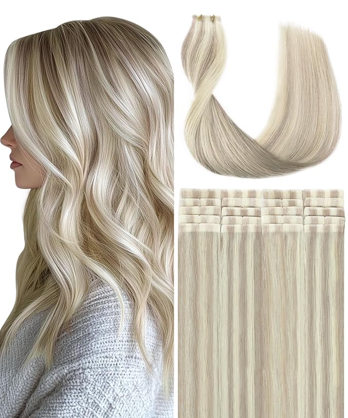 SURNEL Injected Seamless Tape in Hair Extensions Real Human Hair 22 Inch #18P60 Ash Blonde with Platinum Blonde Invisible Tape in Extensions 20 Pcs 50g(#18P60,22)