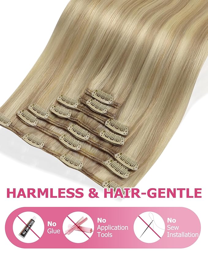 YoungSee 135G Clip in Human Hair Extension Blonde Highlight Clip in Hair Extensions Light Blonde Highlights Golden Blond Clip in Extensions Real Human Hair Dyable Remy Hair 16In 7Pcs