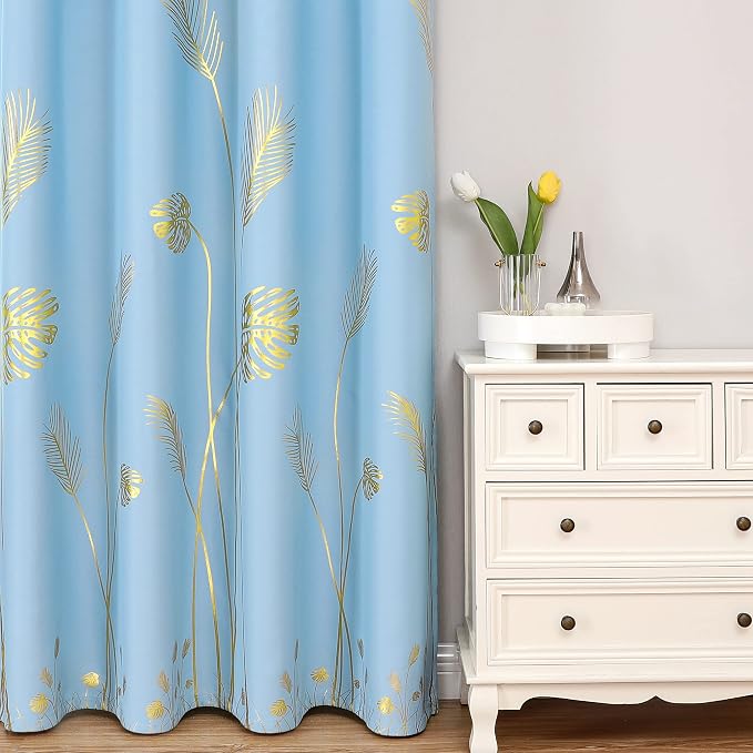 Sky Blue Blackout Curtains for Bedroom, Room Darkening Gold Palm Tree Pattern - Image 2