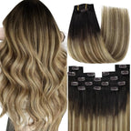 YoungSee Balayage Clip in Hair Extensions Brown Ombre Clip on Hair Extensions Human Hair Dark Roots to Blonde Mix Brown Balayage Real Hair Extension Clip in Human Hair for Thin Hair 18In 120G 7Pcs