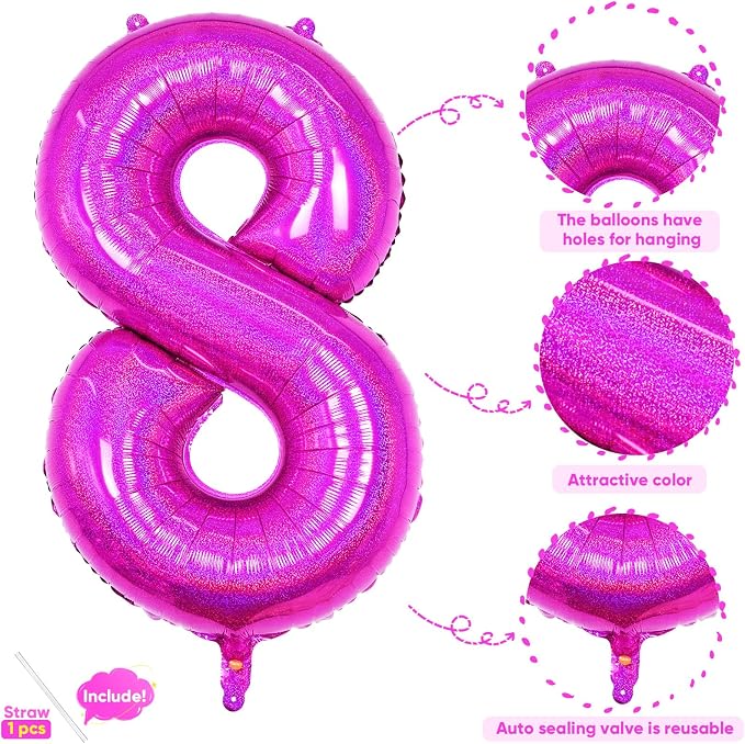 Hot Pink 8 Balloon, 40 Inch Large Laser Hot Pink Foil Helium Number Balloons 0-9 - Image 3