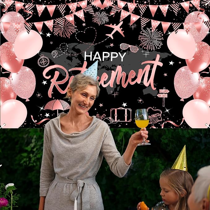 Mocsicka Happy Retirement Backdrop Pink Rose Gold Balloons Women Happy - Image 7
