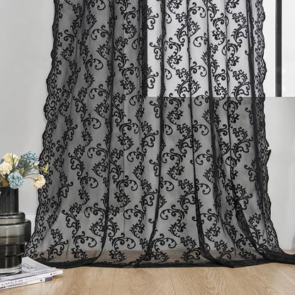 Black Lace Curtains 96 Inches Long 2 Panels Vintage French Floral Sheer - Image 5