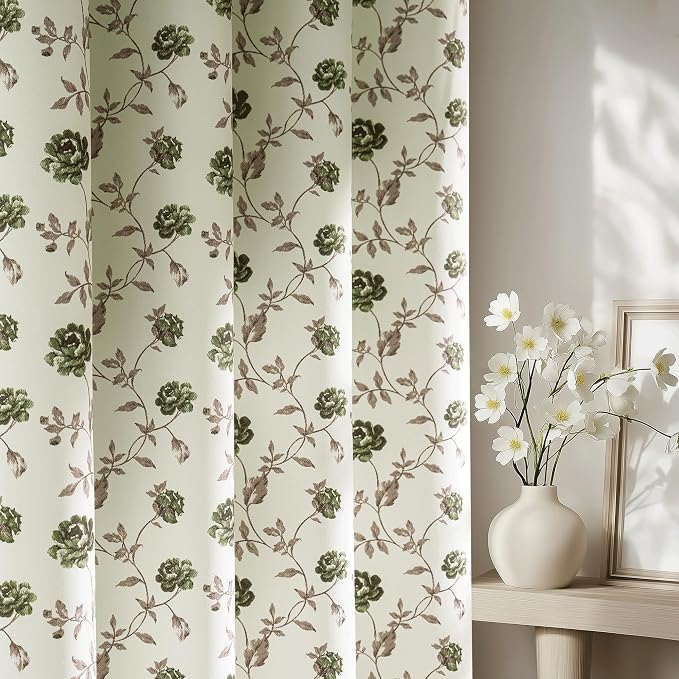 Beauoop Floral 100% Blackout Curtains Bedroom Green Brown 52x90 2 Panels | Rose by Beauoop