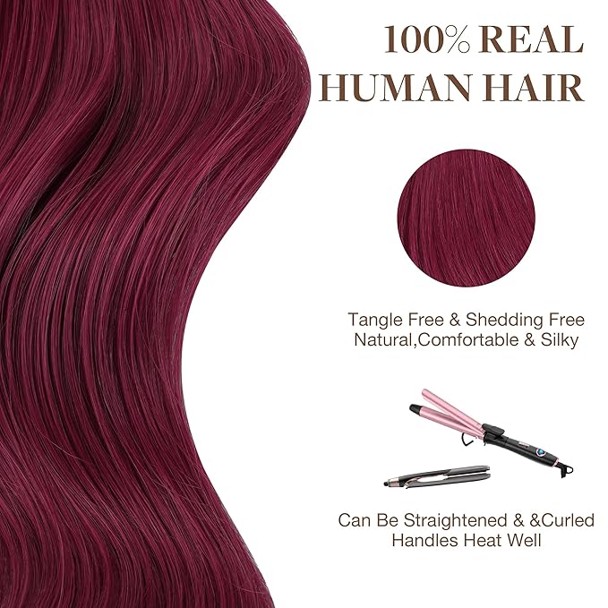 GOO GOO Tape in Hair Extensions Human Hair, Burgundy Red, 22inch 30g 10pcs, Colored Tape ins Human Hair Extensions, Silky&Soft Invisible Tape Ins, Hair Highlighted for Party