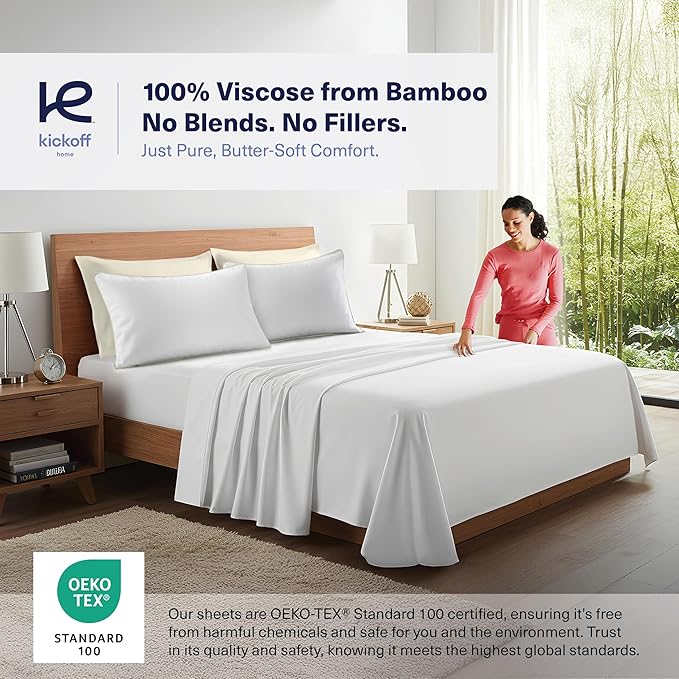 Kickoff Viscose Bamboo Pillowcase, Queen, Set of 2, 100% Organic Hidden Zippered Viscose Bamboo Pillow Case Queen Size, Cooling Pillow Cover for Hot Sleepers (20"x30", Trimmed, Buttercream)