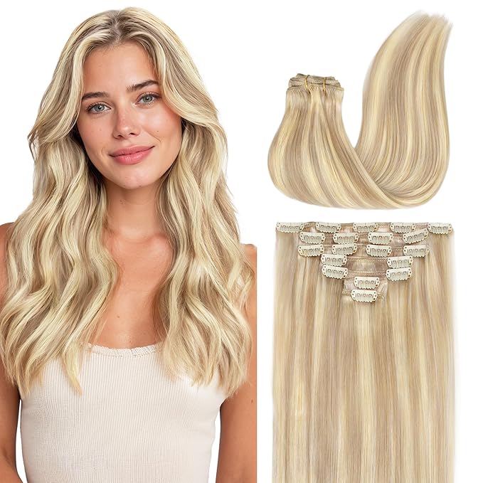 GOO GOO Clip in Hair Extensions Real Human Hair, Remy Human Hair Extensions Clip ins for Women, Natural Human Hair, 20inch 120g 7 Pcs, #18F/60A Balayage Light Wheat Platinum Blonde