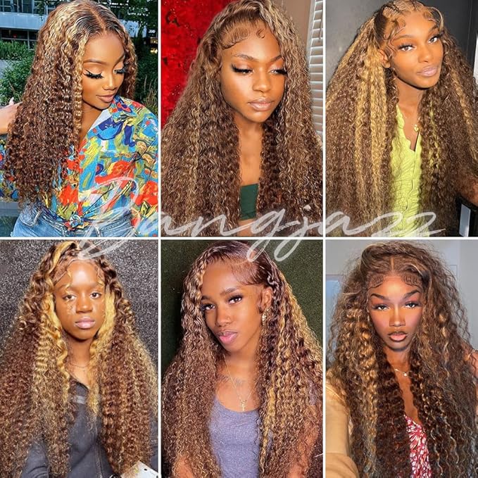 bangjazz 13x4 Deep Wave Lace Front Wigs Human Hair Highlight Ombre 13x4 HD Transparent Lace Frontal Wigs Human Hair 180% Density P4/27 Colored Glueless Curly Wigs for Black Women 20 Inch