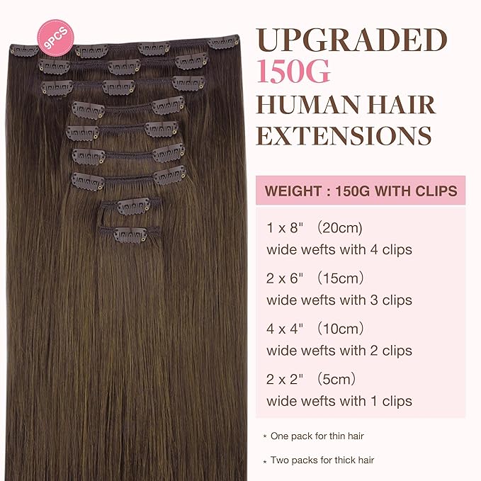 GOO GOO Clip in Hair Extensions Real Human Hair, Remy Human Hair Extensions Clip ins for Women, Natural Human Hair, 16inch 150g 9Pcs, 4A Chocolate Brown