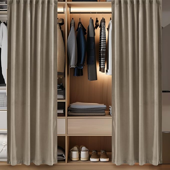 Camel Beige Velvet Curtains Back Tab Thermal Insulated Privacy Room Divider - Image 5