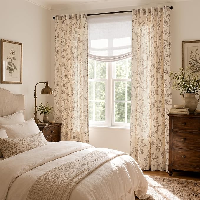 Taupe Floral Linen Curtains Farmhouse Rod Pocket 50W X 96L 2 Panels | Charlotte - Image 7