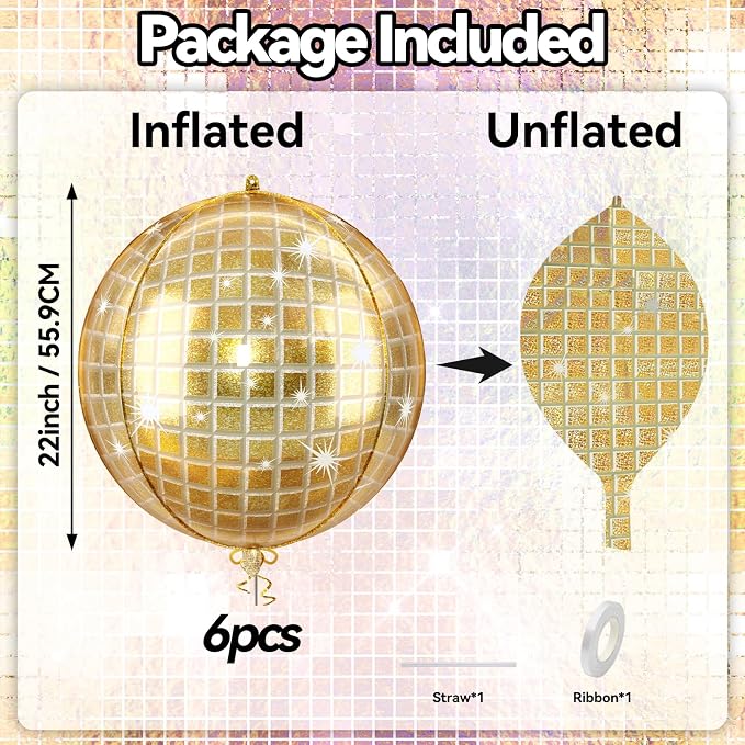 6pcs 22 Inch Gold Disco Ball Balloons, Shiny Gold Big Disco Balloons, 4D Large - Image 2