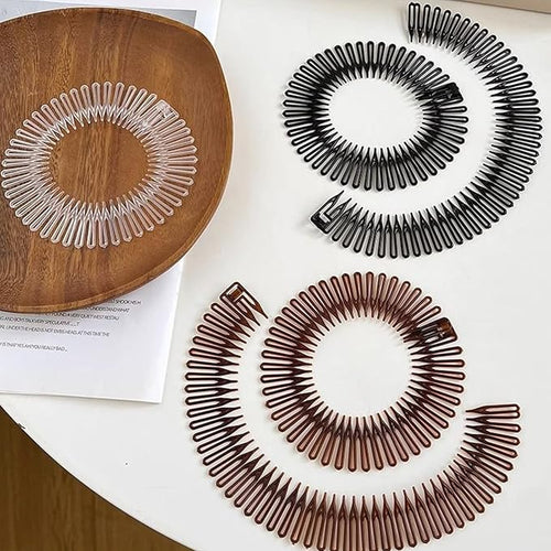 12 PCS Stretch Full Circular Stretch Comb Hair Bands, Comb Headbands for Women, Fashion Makeup Non slip Toothed Hairs Clip, Hair Wrap Holder for Lady and Girls Brown