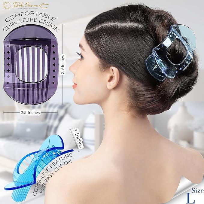 RC ROCHE 6 Pcs Flat Claw Hair Clips for Women Thick Hair French Round Duckbill Square Secure Strong Hold Grip Clamps Barrettes Curved No Slip No Crease Styling Cute Extra Jumbo XL, Large Transparent