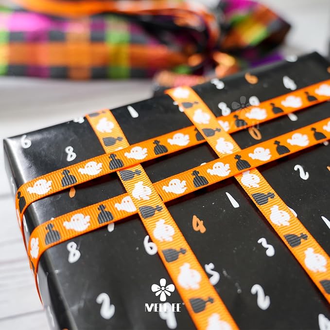 3/8 inch 1 inch Halloween Ribbon Set Spooky October Ribbon Assortment 5 Rolls - Image 4
