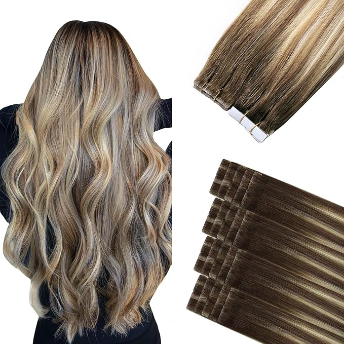 Sindra Invisi Edge Tape in Extensions Human Hair, Walnut Brown to Ash Brown and Blonde Seamless Injected Tape in Extensions 16 Inch 20pcs 45g Invisible Human Hair